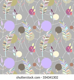 Seamless abstract pattern with feathers and leaves. Seamless hand-drawn flower pattern with ornate background. Hand drawn Vector illustration.