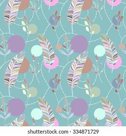 Seamless abstract pattern with feathers and leaves. Seamless hand-drawn flower pattern with ornate background. Hand drawn Vector illustration. Abstraction.