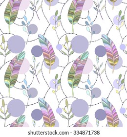 Seamless abstract pattern with feathers and leaves. Seamless hand-drawn flower pattern with ornate background. Hand drawn Vector illustration. Abstraction.
