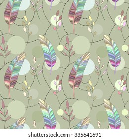 Seamless abstract pattern with feathers and leaves. Seamless hand-drawn flower pattern with ornate background. Hand drawn Vector illustration. Abstraction.