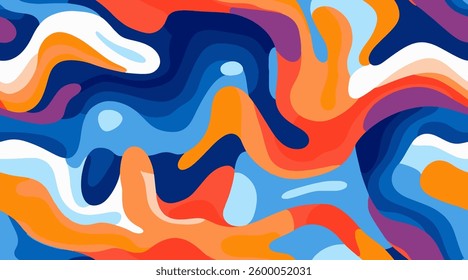 Seamless abstract pattern features a dynamic blend of colorful flowing shapes and shades. The design is lively and engaging, perfect for various creative applications in art and design
