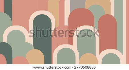 Seamless abstract pattern featuring an array of gentle, rounded arch shapes rendered in a soft, muted pastel color palette, ideal for modern graphic design backgrounds and creative