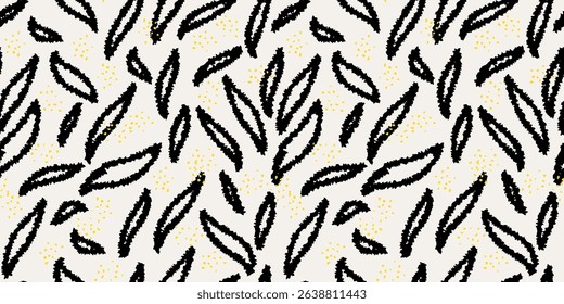 Seamless abstract pattern featuring black textured organic shapes on white background. Plain contemporary hand drawn print. Designs for textiles, stationery, packaging, and modern decor