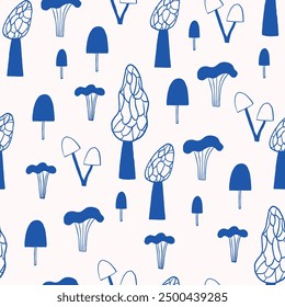 Seamless abstract pattern featuring blue mushrooms and nature on a light background. Ideal for textiles, wallpapers, and creative designs