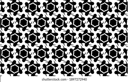 Seamless abstract pattern featuring bold black hexagonal floral shapes on a white background. Ideal for modern design, fabric prints, and digital artwork with a strong geometric style.