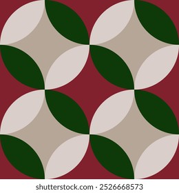 Seamless abstract pattern featuring bold circles and curves in burgundy, green, and beige. Combines modern geometry with ethnic-inspired motifs. Perfect for contemporary textile designs, boho decor,