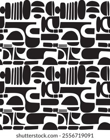 Seamless abstract pattern featuring bold black geometric shapes on a white background. Perfect for modern textiles, wallpapers, and graphic design projects.