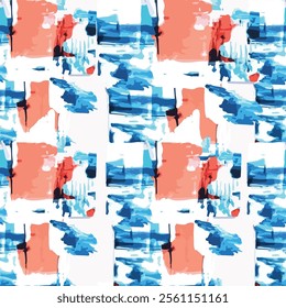 Seamless abstract pattern featuring bold brushstroke textures in coral, blue, and white. A modern and artistic design ideal for textiles, wallpapers, creative projects, and contemporary art themes.