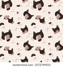 Seamless abstract pattern featuring cat-shaped elements in brown tones on a beige background. Perfect for textiles, wallpapers, and artistic projects