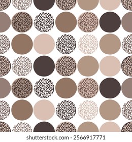 Seamless abstract pattern featuring circles in earth tones, including beige, brown, and dark chocolate hues with both solid and textured elements