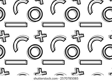 Seamless abstract pattern featuring circles, half arcs, rectangular bars, and plus symbols in black-and-white design.