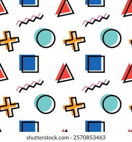 Seamless abstract pattern featuring colorful geometric shapes such as triangles, circles, squares, and zigzags in a modern style.