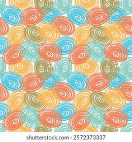 A seamless abstract pattern featuring colorful swirling shapes and overlapping vibrant elements. Holiday spirit, spring, Easter, summer