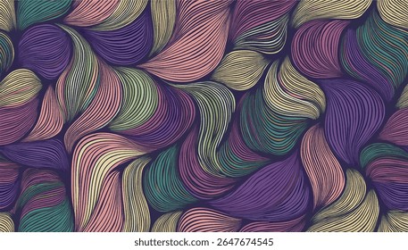 Seamless abstract pattern featuring colorful curved wave-like lines in purple, pink, green, and cream on a dark background. Ideal for fabric design, wallpapers, and modern digital surfaces.