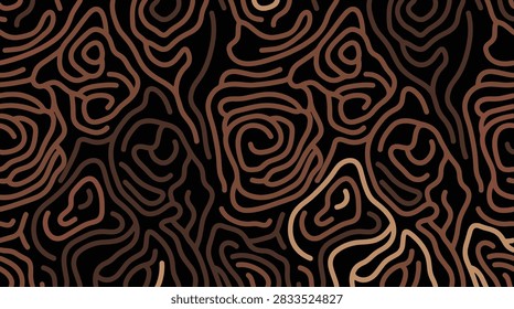 A seamless abstract pattern featuring continuous intricate whorls, loops, and organic flowing lines in warm bronze and copper tones against a dark backdrop.