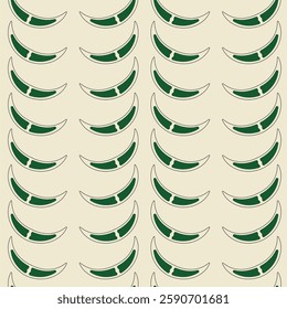 Seamless abstract pattern featuring crescent-shaped green elements of closterium algae on a beige background. Modern, decorative, and geometric design perfect for textiles and wallpapers