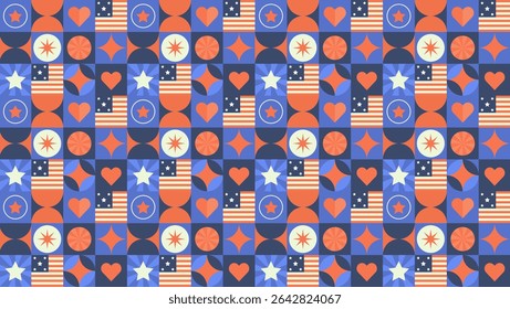 A seamless abstract pattern featuring elements like American flags, hearts, and stars, combining patriotism with geometric shapes in red, white, and blue hues.