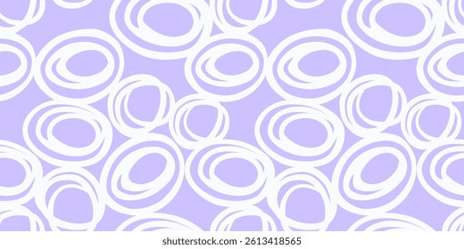 Seamless abstract pattern featuring hand drawn white circular shapes on a pastel purple, violet, lavender background. Simple ornament print for modern textiles, gift wrapping, wallpapers, branding