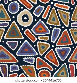 A seamless abstract pattern featuring hand-drawn, textured geometric shapes (triangles, circles, lines) in earthy, muted colors with white outlines on a dark blue background.