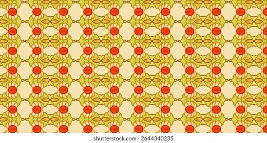 Seamless abstract pattern featuring orange and green tones with symmetrical food-inspired elements. Ideal for eco design, farm branding, or fresh product packaging.
