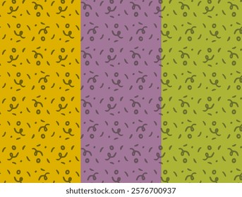 A seamless abstract pattern featuring playful scribble shapes and dots in yellow, purple, and lime green tones. Ideal for textiles, wallpapers, and creative design projects.