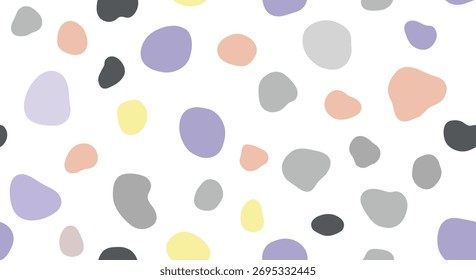 Seamless abstract pattern featuring randomly scattered, irregularly shaped pastel and grey color blocks on a clean white background.