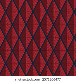 A seamless abstract pattern featuring repeating geometric triangles in striking red tones with contrasting dark blue accents. Ideal for use in backgrounds, wallpapers, and modern graphic design.