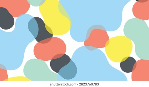 Seamless abstract pattern featuring rounded fluid blobs in yellow, blue, coral, and green merging on a white background. Organic overlapping liquid shapes with soft transparency.