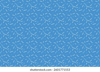 A seamless abstract pattern featuring scattered lines, wavy shapes, dots, and small geometric elements. The design offers a playful and dynamic aesthetic with balanced randomness.