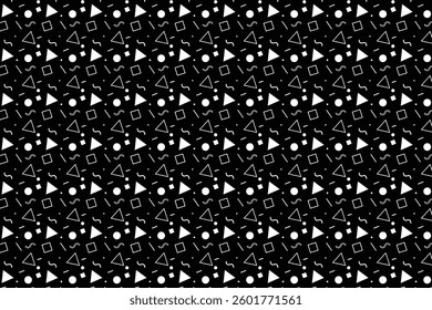 A seamless abstract pattern featuring scattered lines, wavy shapes, dots, and small geometric elements. The design offers a playful and dynamic aesthetic with balanced randomness.