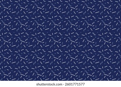 A seamless abstract pattern featuring scattered lines, wavy shapes, dots, and small geometric elements. The design offers a playful and dynamic aesthetic with balanced randomness.