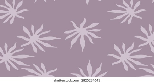 A seamless abstract pattern featuring stylized light purple flowers with multiple petals, scattered across a muted purple background, creating a soft and decorative design.
