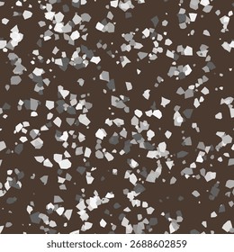 Um padrão abstrato sem emenda com uma base marrom quente com uma dispersão densa de formas pequenas e irregulares em tons suaves de rosa, cinza e branco, criando um efeito sutil e texturizado.