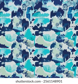 A seamless abstract pattern featuring watercolor-inspired textures in cool blues, aquas, and navy shades. Perfect for ocean-themed designs, contemporary decor, modern apparel, and digital prints