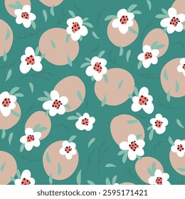 A seamless abstract pattern featuring white flowers with red centers and beige organic shapes on a green background. Perfect for fabric, wallpaper, packaging, and modern graphic design.
