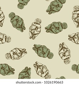 Seamless abstract pattern with figurines of Paleolithic mother goddess Venus of Willendorf. Based on hand drawn sketch.