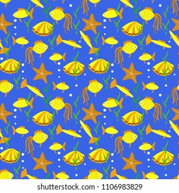 Seamless abstract pattern with fish and shellfish in flat style