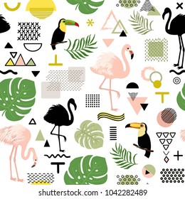 Seamless abstract pattern with flamingo, toucan and tropical leaves