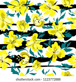 Seamless abstract pattern with floral elements. Image of exotic tropical flowers on a striped background. Imitation of the painting by watercolor. Summer motives. Vector illustration.