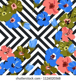 Seamless abstract pattern with floral elements. Image of exotic tropical flowers on a geometric background. Imitation of the painting by watercolor. Summer motives. Vector illustration