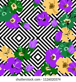 Seamless abstract pattern with floral elements. Image of exotic tropical flowers on a geometric background. Imitation of the painting by watercolor. Summer motives. Vector illustration