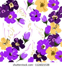 Seamless abstract pattern with floral elements. Image of exotic tropical flowers on a white background. Imitation of the painting by watercolor. Summer motives. Vector illustration