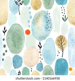 Seamless abstract pattern with floral elements, dots and colorful watercolor spots. Vector illustration on white background.