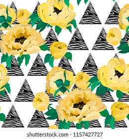 Seamless abstract pattern with floral elements. Picture of exotic flowers of a yellow pion on a geometric background. Imitation of the painting by watercolor. Summer motives. Vector illustration.
