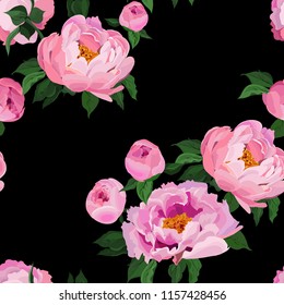 Seamless abstract pattern with floral elements. An image of exotic peony flowers on a black background. Imitation of the painting by watercolor. Summer motives. Vector illustration.