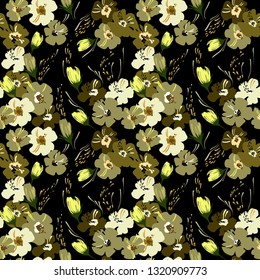 Seamless abstract pattern with floral elements. Image of exotic tropical flowers on a black background. Imitation of the painting by watercolor. Summer motives. Vector illustration