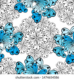 Seamless abstract pattern with floral elements. White and blue bouquets on a white background.