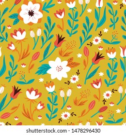 Seamless Abstract Pattern with Floral Elements. Cute Seamless Ornament with Flower and Leaves. 