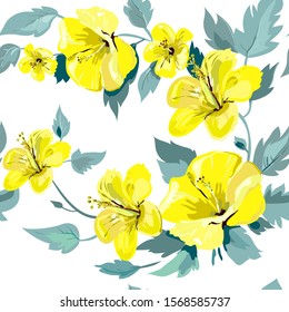 Seamless abstract pattern with floral elements. Image of exotic tropical hibiscus flowers on a white background. Imitation of watercolor painting. Summer motives. Vector illustration