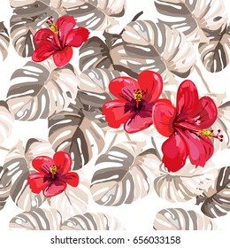 Seamless abstract pattern with floral elements. Image of exotic tropical monster leaves and red hibiscus flowers. Imitation of the picture by watercolor. Summer motifs. Vector illustration. 